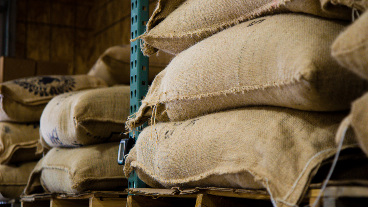 coffee burlap bags on shelf