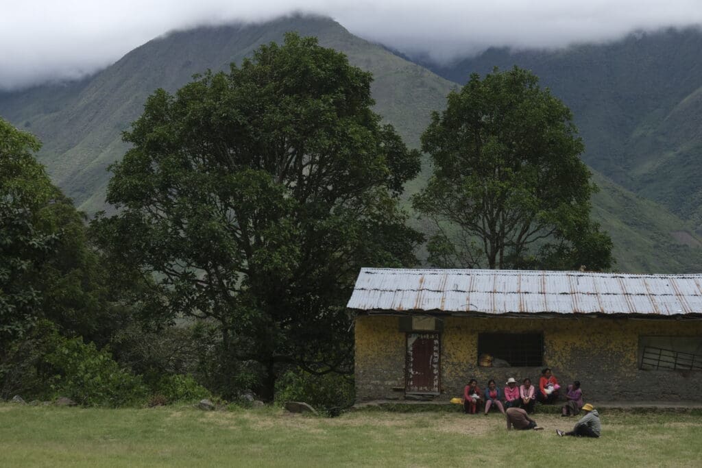 Coffee-growing landscape in Peru with a farmhouse beneath misty mountains