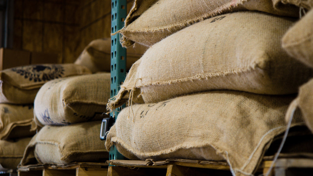 coffee burlap bags on shelf
